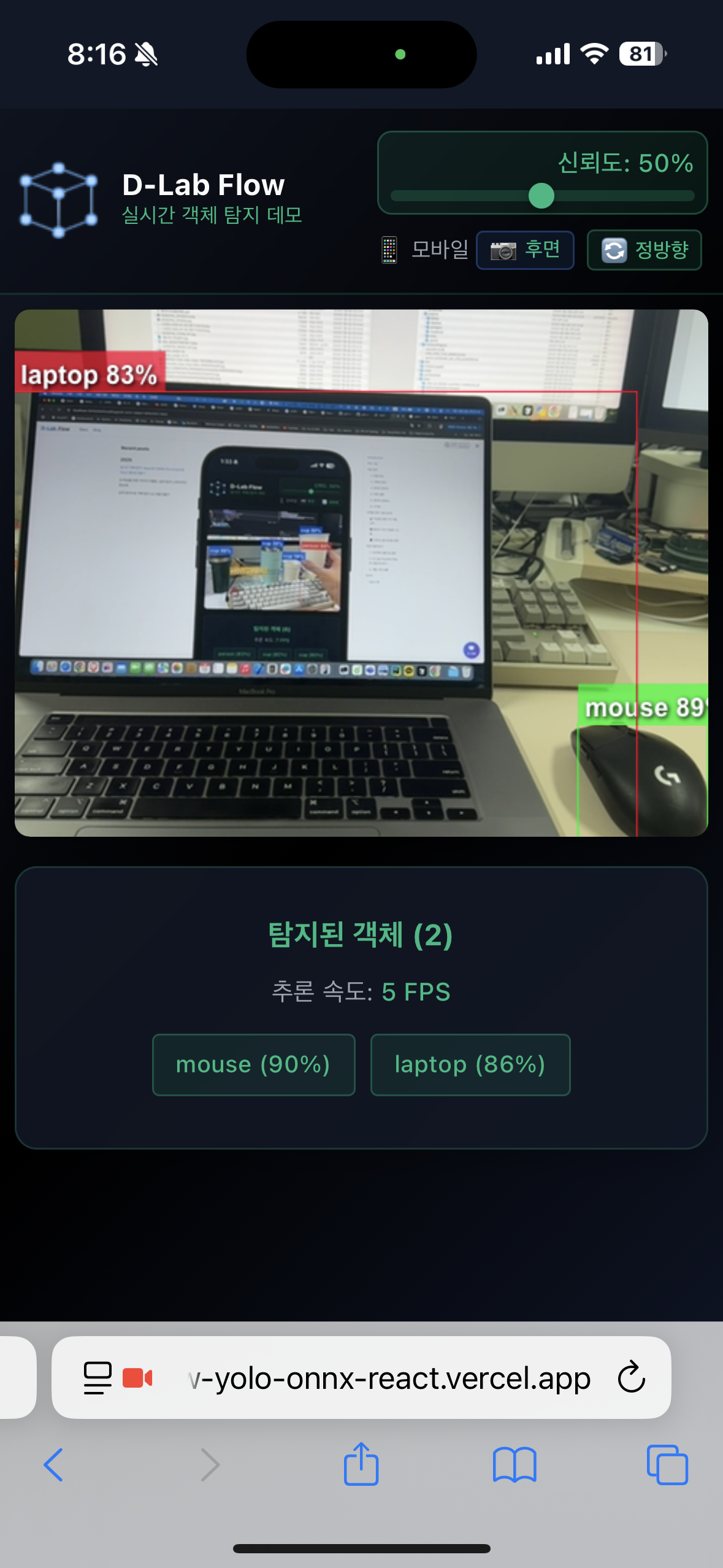 실시간 탐지 결과 화면
