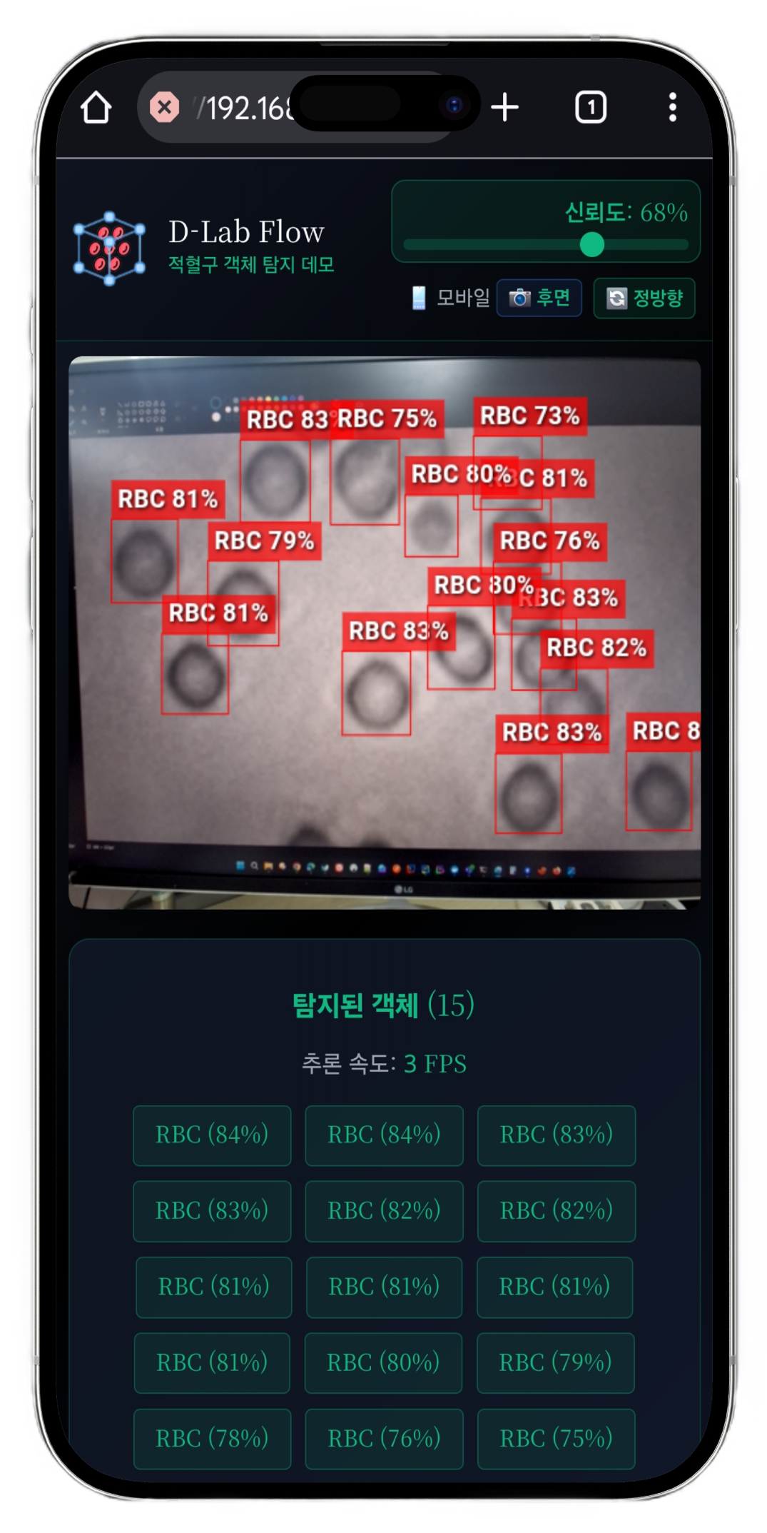 dlabflow-yolo-onnx-react 모바일 데모 실행 화면