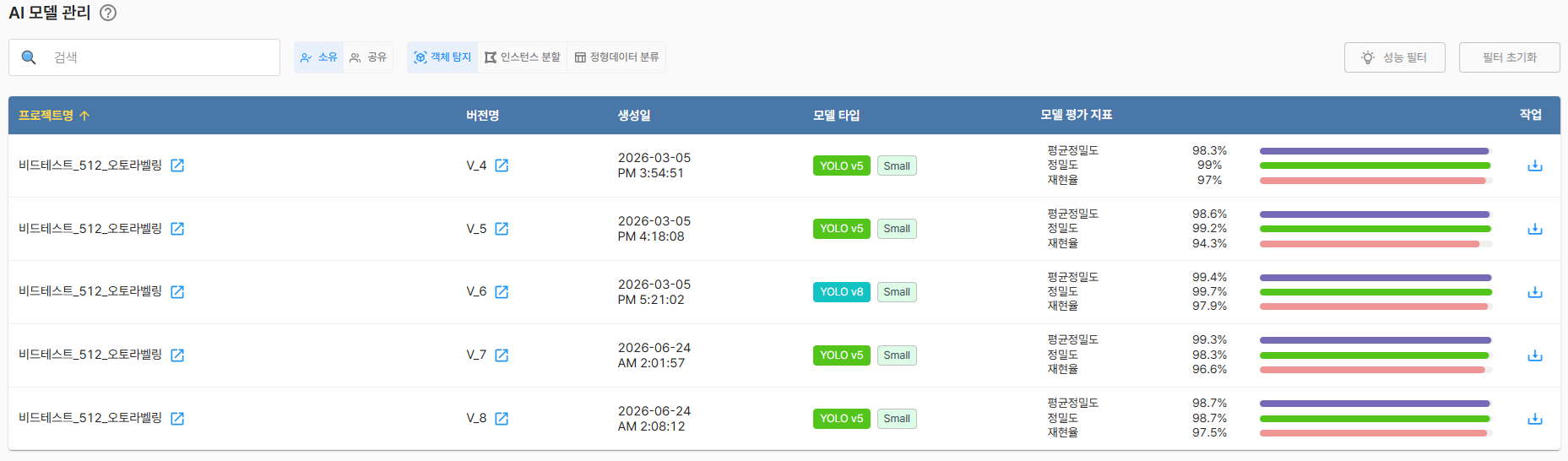 AI 모델 관리 페이지